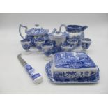 A collection of Spode Blue Italian including a teapot, six egg cups. cheese dish and knife, jug