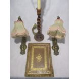 A pair of antique wall lights and a leather writing pad plus a lamp with barley twist support.