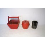 A red painted Oriental wooden garden trug, along with a red painted barrel and one other.