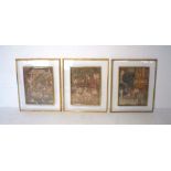 Three framed hand painted Thai pictures on fabric, depicting traditional scenes.