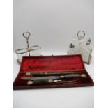 A Doidge, Blackpool carving set in case along with a silver plated condiment set (engraved Thorley's