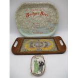 A vintage Badger Beer tin tray along with a butterfly wing inlaid tray and a risque vintage ashtray