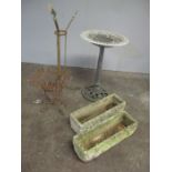 Two garden troughs, a metal bird bath plus two plant stands.