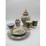 A small collection of oriental porcelain including Famille Rose and Satsuma ware. Lot also