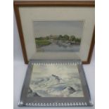 Two watercolours and unsigned river scene along with a seascape signed Saunderson