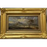 A 19th century unsigned oil painting of figures in a landscape in ornate gilt frame