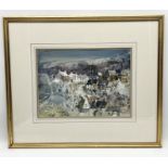 A framed watercolour by Michael Morgan showing a winter scene - from the artist's personal