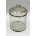 An early 20th century vintage Smiths Crisps glass counter jar, the cylindrical form jar with 'Smiths