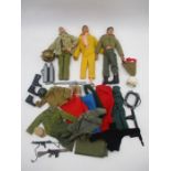 A collection of three vintage Action Man figures, all dated 1964 (A/F), along with selection of