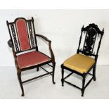 Two Edwardian chairs, one ebonised hall carved hall chair with bobbin turned legs and a a lattice