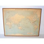 A framed vintage Daily Telegraph world map, 104cm x 81cm.