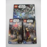 Three boxed Lego Star Wars including Yoda's Jedi Starfighter (75168), Baze Malbus (75525) and