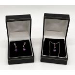 An amethyst and diamond set of earrings and pendant set in 9ct gold