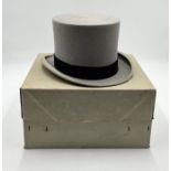 A gentleman's grey top hat made by Lincoln Bennett & Co in original Moss Bros & Co. Covent Garden