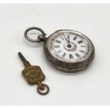 A hallmarked silver fob watch with hand painted enamelled face