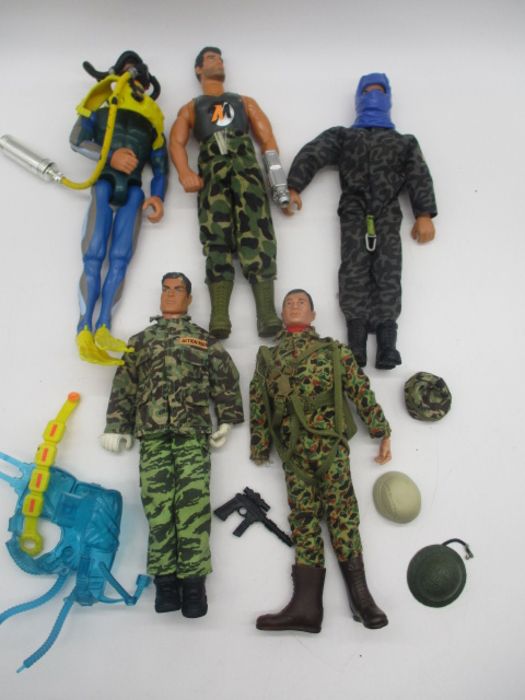 A collection of five Action Man figurines including scuba diving equipment, helmets, weapon etc