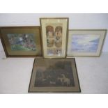 Three watercolours (Olive Lane, R Austen and one unsigned) along with a coloured engraving by R B