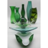 A collection of art glass in shades of green (nine pieces).