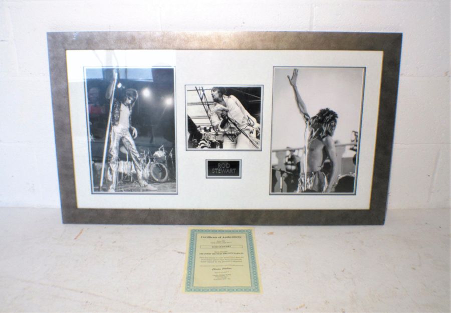 Three photographs of Rod Stewart in a single frame, the centre photo signed with certificate of