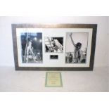 Three photographs of Rod Stewart in a single frame, the centre photo signed with certificate of