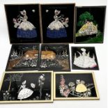 A collection of vintage painted and foiled coloured glass pictures