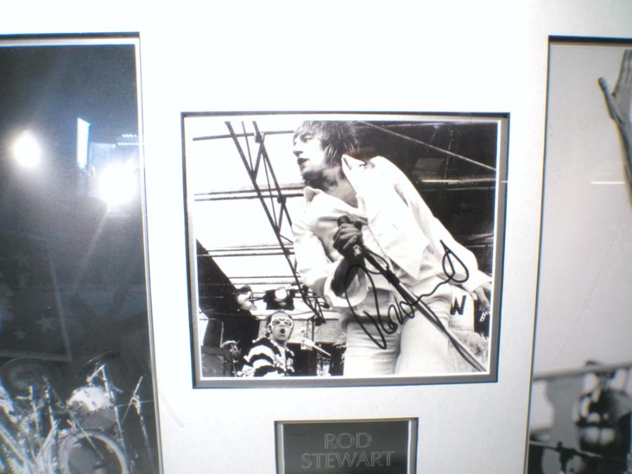 Three photographs of Rod Stewart in a single frame, the centre photo signed with certificate of - Image 3 of 6