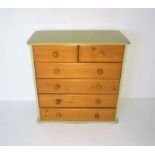 A part-painted pine chest of six drawers with serpentine top, length 85cm, height 86.5cm.