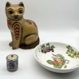 An early Poole Pottery lidded pot along with a large Portmeirion bowl and papier mache cat