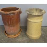 A buff terracotta chimney, height 50cm and a terracotta half glazed pot, height 47cm.