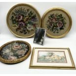 Three framed vintage tapestries along with a watercolour signed A Dixon 1906 and a small vintage