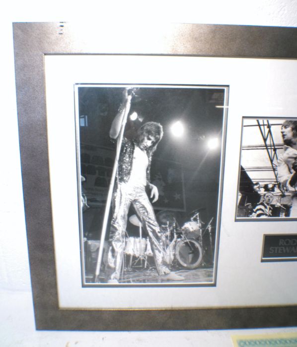Three photographs of Rod Stewart in a single frame, the centre photo signed with certificate of - Image 2 of 6