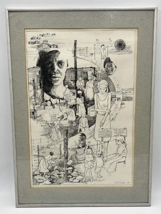 Hilda Bernstein (1915-2006) Original pen and ink drawing depicting a scene from Soromas Native