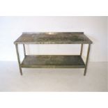 A stainless steel work bench, length 150cm, height 85cm, width 60cm.
