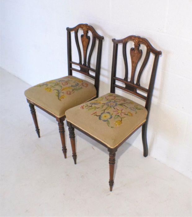 A pair of Edwardian inlaid mahogany chairs, with tapestry seats. - Image 3 of 6