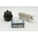A Beswick Pig (Wall Queen 40), an Eastern style lidded pot and Bilston enamel snuff box (A/F)