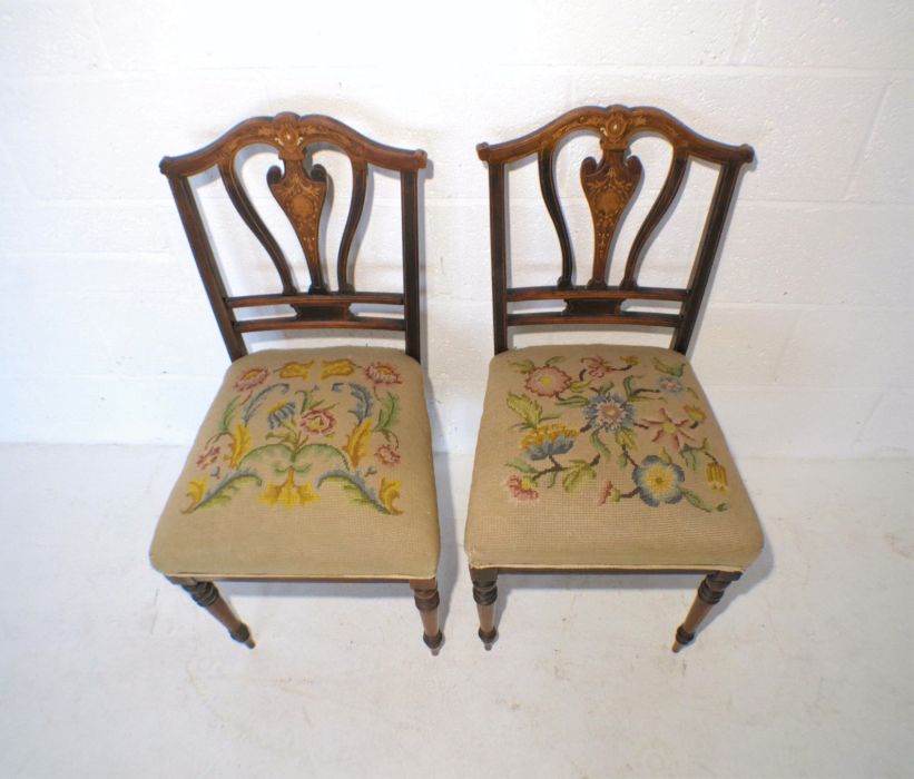 A pair of Edwardian inlaid mahogany chairs, with tapestry seats. - Image 2 of 6