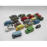 A collection of vintage playworn die-cast cars and vans including Dinky and Corgi Toys etc