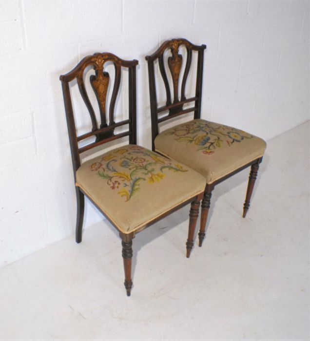 A pair of Edwardian inlaid mahogany chairs, with tapestry seats. - Image 4 of 6