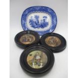 Three framed Victorian pot lids- The Times, Uncle Toby and The Wolf and the Lamb along with a