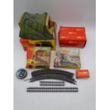 A collection of boxed Tri-ang Hornby OO gauge model railway buildings including Ticket Office