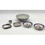 A collection of Chinese porcelain etc including two enamel dishes and a bowl with four character
