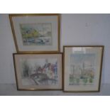 Three watercolours, a harbour scene and one other signed G Holstead along with a picture of Brugge