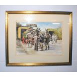 A framed watercolour of heavy horses pulling a dray, signed Fraser King, 73cm x 59cm.