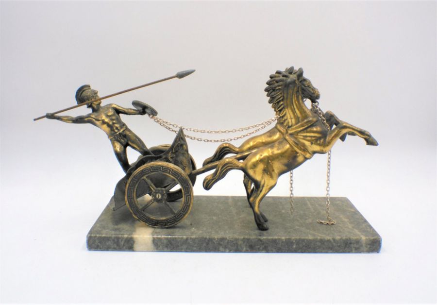A brass figure of a Roman chariot, on marble base, A/F. - Image 3 of 3