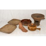 A collection of earthenware pots etc including coal pan, clay model of a foot with indistinct