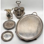 A collection of antique silver-plated items including large tray (handle A/F), water jug, two dishes