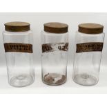 Three 19th century large chemist's jars with gilded tin lids and labels including "Sulphre"