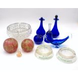 A quantity of glassware including four pieces of Bristol blue glass, two Wills Woodbines ashtrays