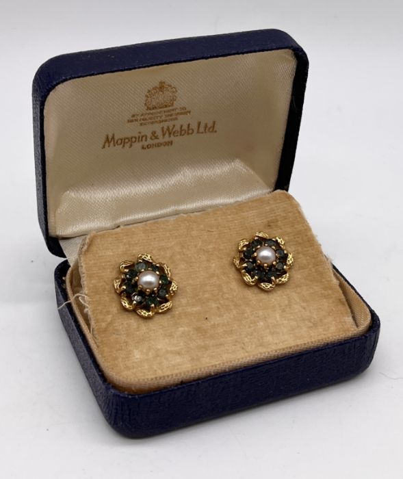 A pair of 9ct gold earrings set with emeralds and seed pearl, total weight 3g