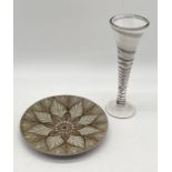 A spiral stem art glass vase along with a studio pottery dish by Jill Pryke